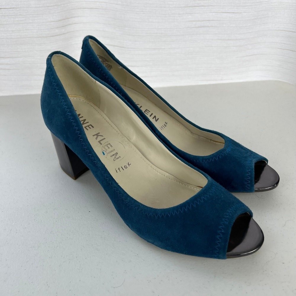 Anne Klein Meredith Pumps Womens 10M Blue Suede Slip On Peep Toe‎ Block Heel